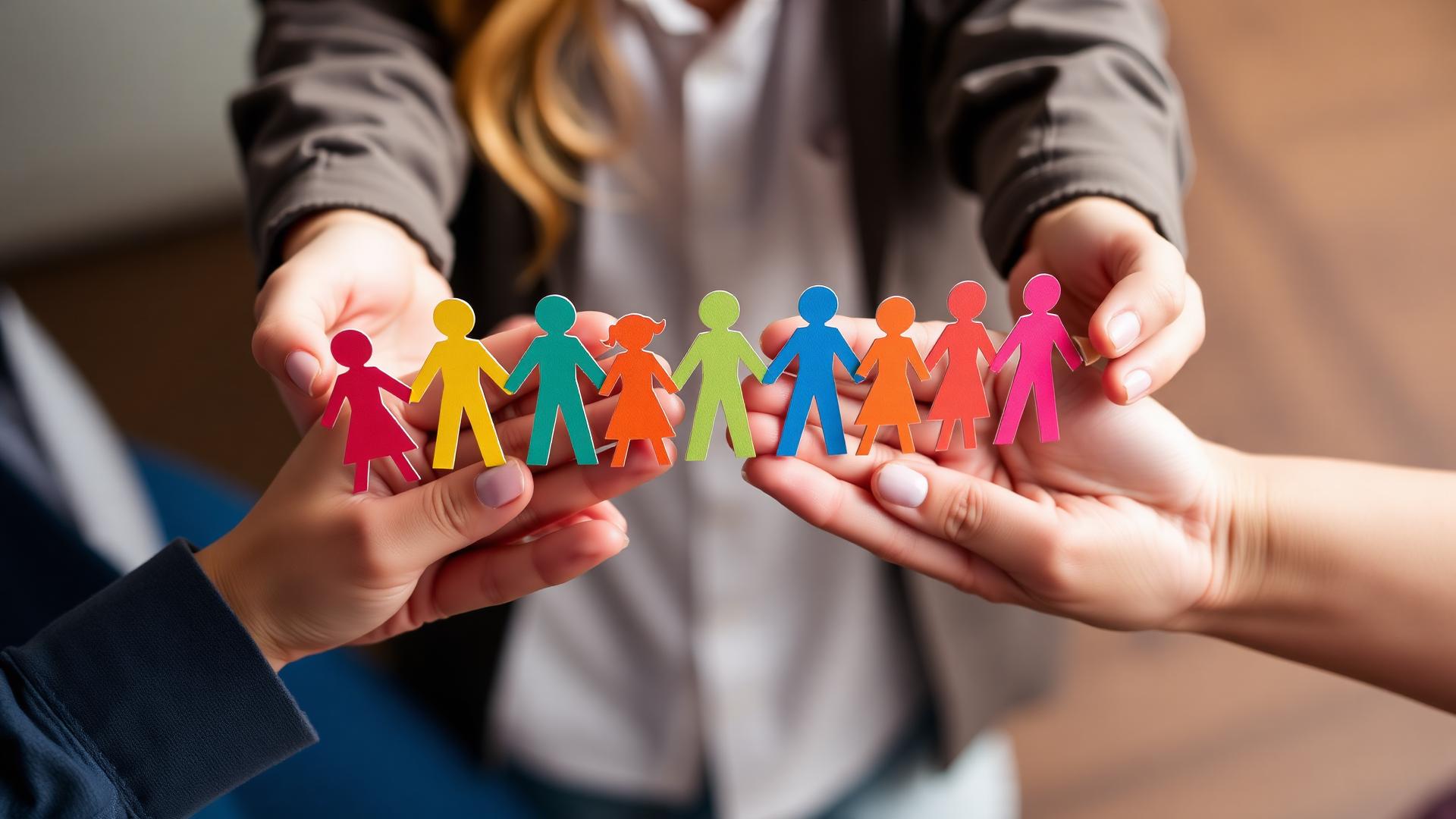 Bunte Papierfiguren, die sich an den Händen halten
